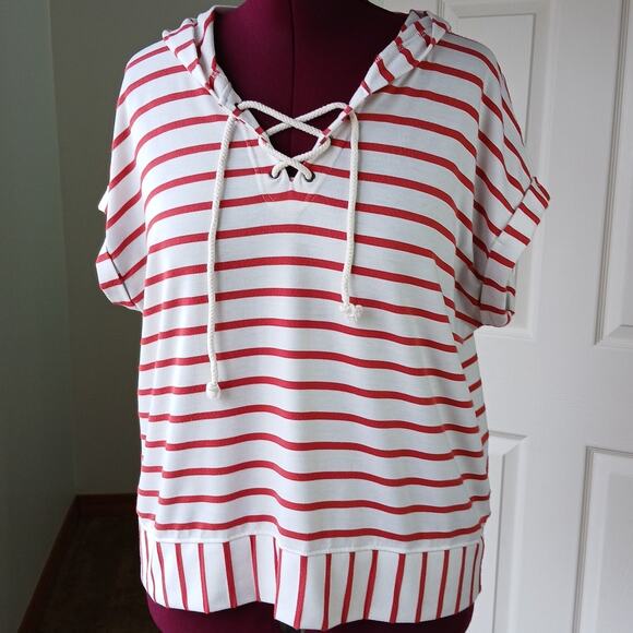 Jane + Delancey French Terry Hooded Top XL lace-up V-neck red striped unisex - Picture 6 of 15